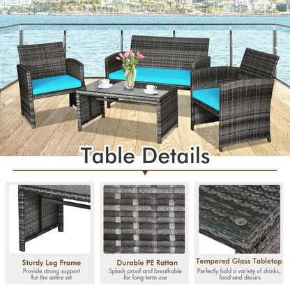 4 Pieces Patio Rattan Furniture Set with Glass Table and Loveseat New Era Fashion LLc