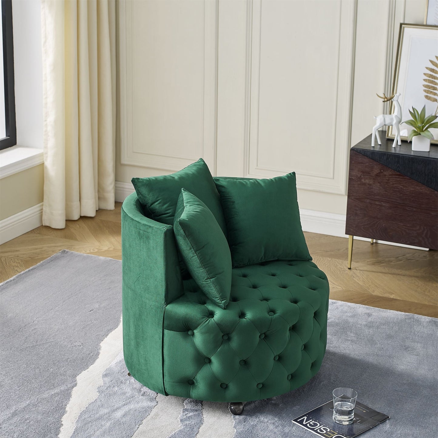 Velvet Upholstered Swivel Chair for Living Room, with Button Tufted Design and Movable Wheels, Including 3 Pillows New Era Fashion LLc