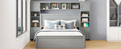 Queen Size Wooden Bed With All-in-One Cabinet, Shelf and Sockets,Twin XL Trundle, Gray New Era Fashion LLc