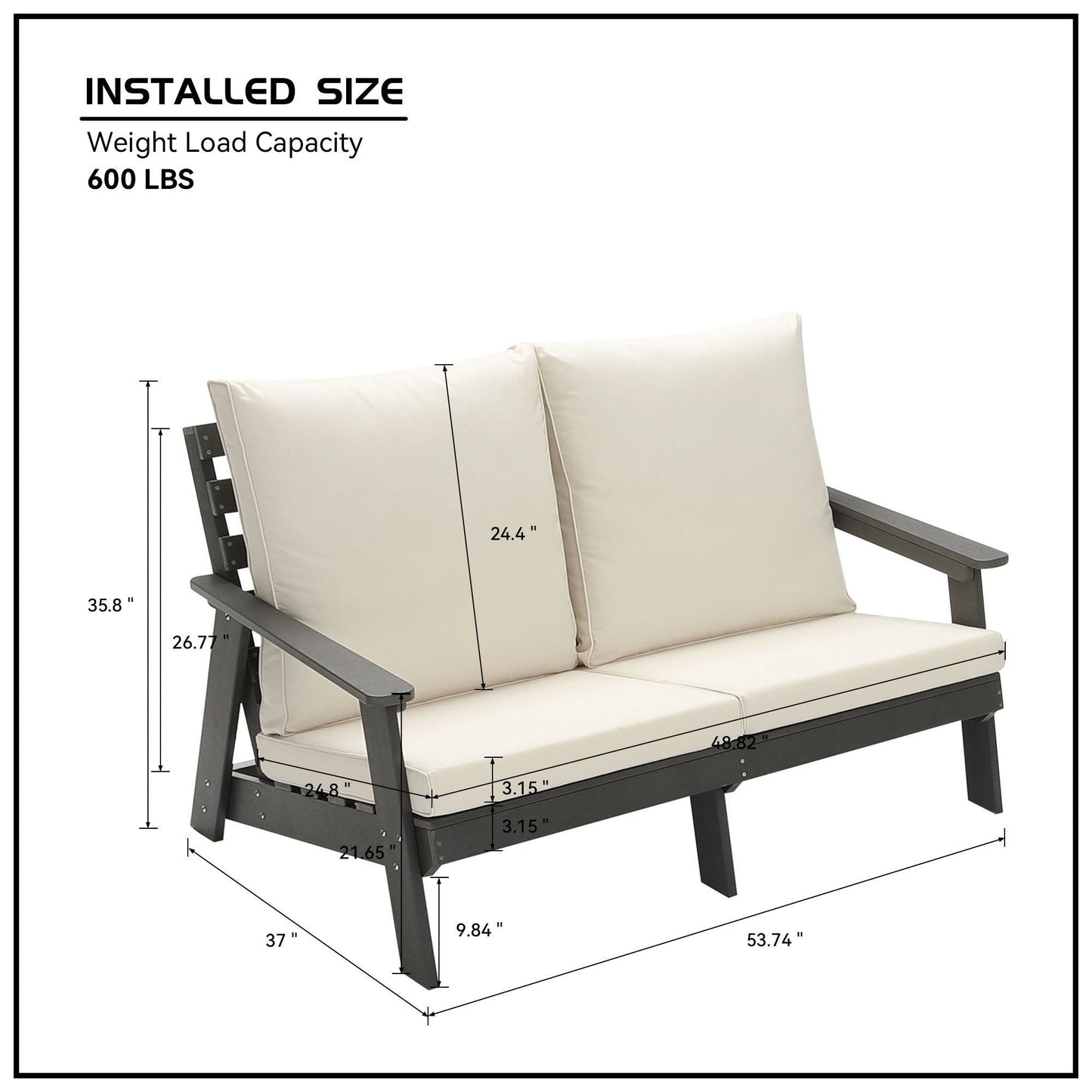 HIPS Loveseat with Cushion, Wood Grain Outdoor Garden Sofa, Sofa Set for Porch, Poolside, Terrace, and Yard Grey/Beige New Era Fashion LLc