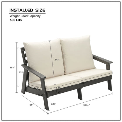 HIPS Loveseat with Cushion, Wood Grain Outdoor Garden Sofa, Sofa Set for Porch, Poolside, Terrace, and Yard Grey/Beige New Era Fashion LLc