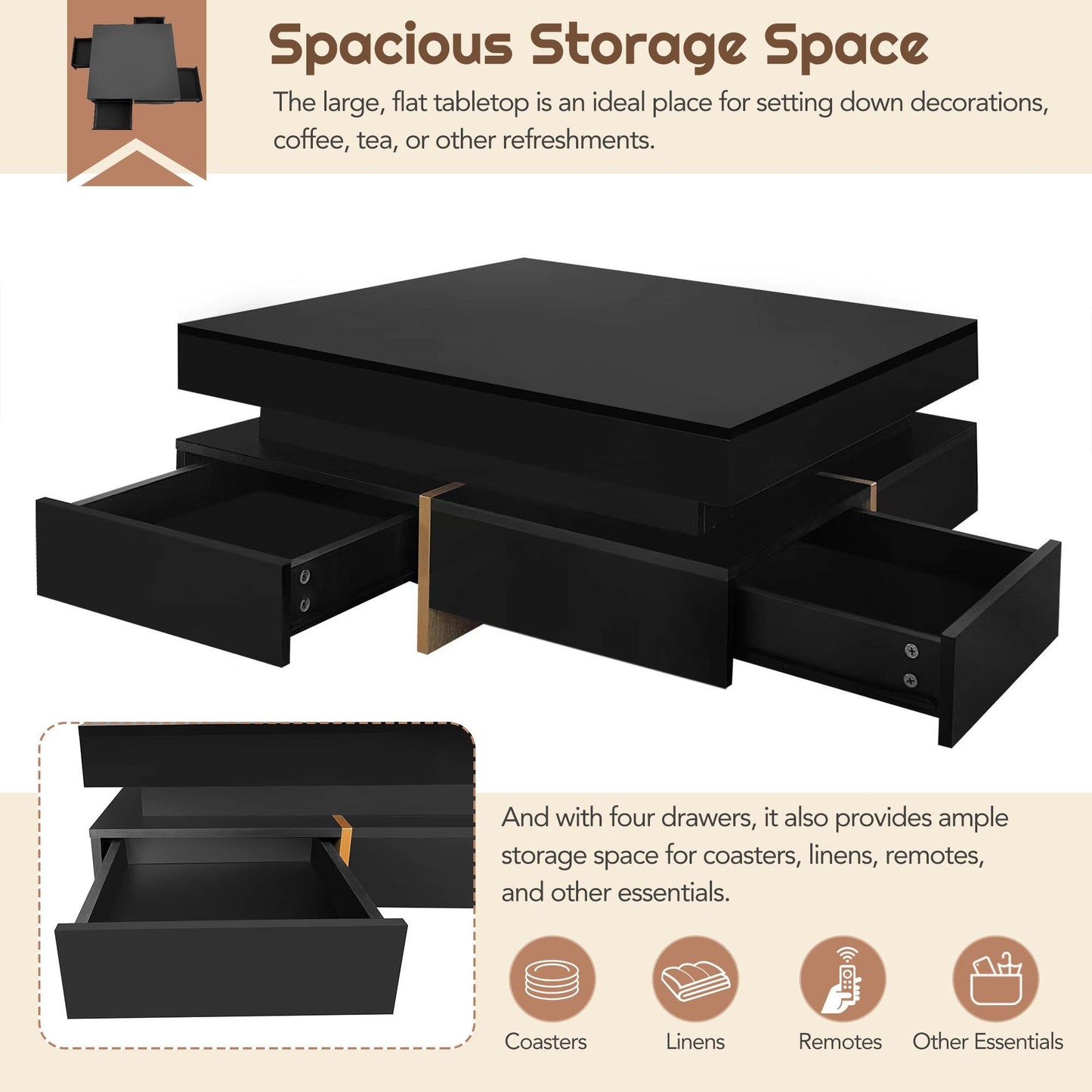 Sleek Black High Gloss Modern Coffee Table with 4 Drawers for Organized Living Rooms, Square Design with Wood Grain Legs, Ideal Cocktail Table 31.5''x31.5'' New Era Fashion LLc