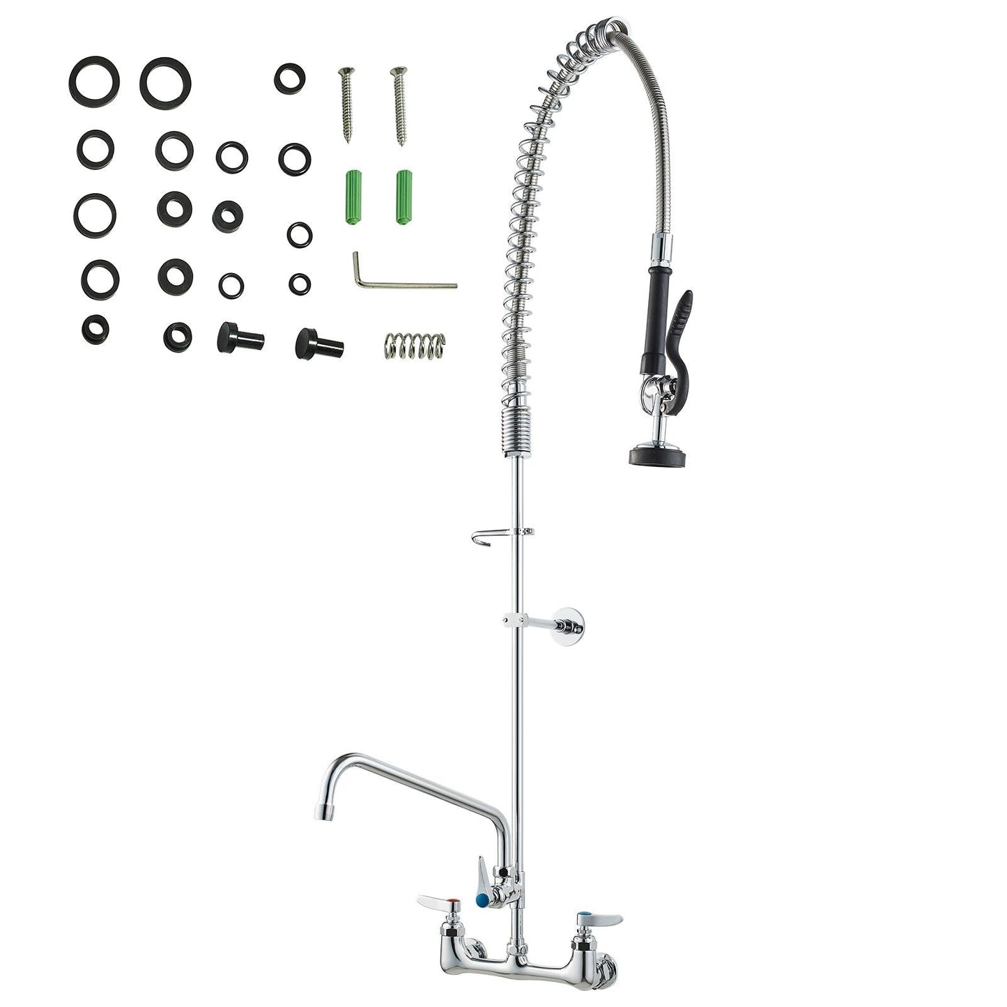 Wall-Mounted Kitchen Faucet, 47" Tall, 8" Apart, with 12" Rotating Spout and Pre-Rinse Spray, Brass Build, Pull-Down Feature for Multi-Compartment Sinks New Era Fashion LLc