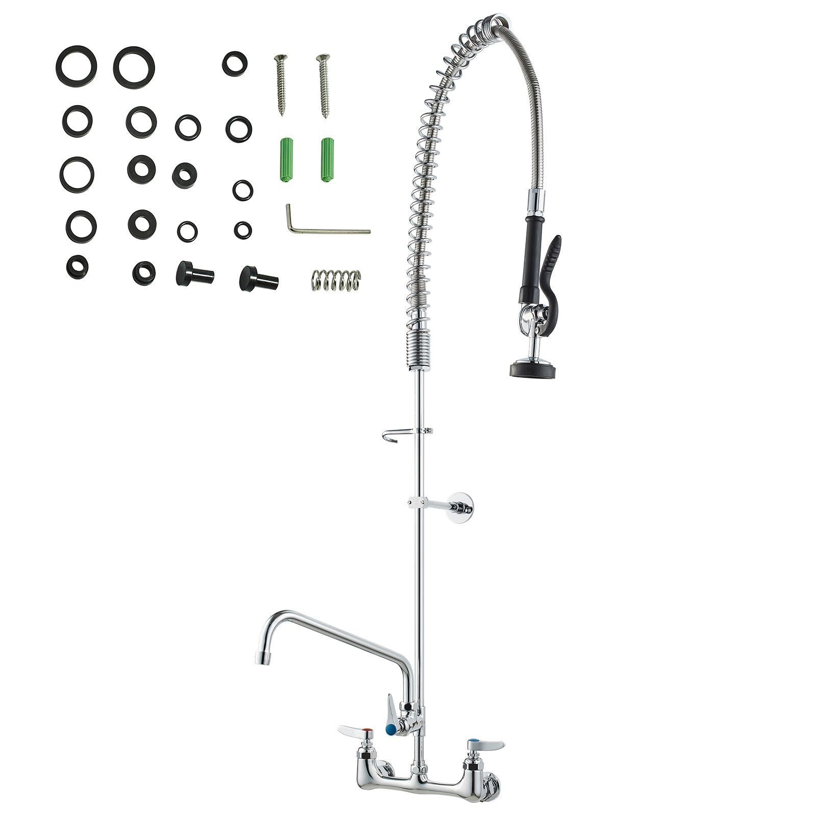 Wall-Mounted Kitchen Faucet, 47" Tall, 8" Apart, with 12" Rotating Spout and Pre-Rinse Spray, Brass Build, Pull-Down Feature for Multi-Compartment Sinks New Era Fashion LLc