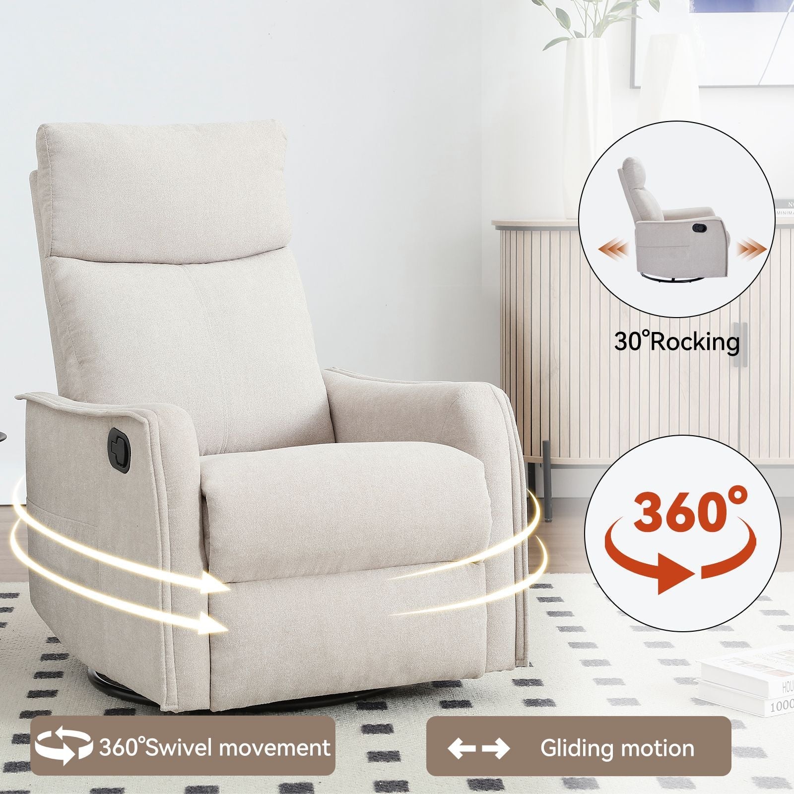 Heat Massage Manual Recliner Chair with Rocker and Swivel in Fabric for Living Room, Beige New Era Fashion LLc