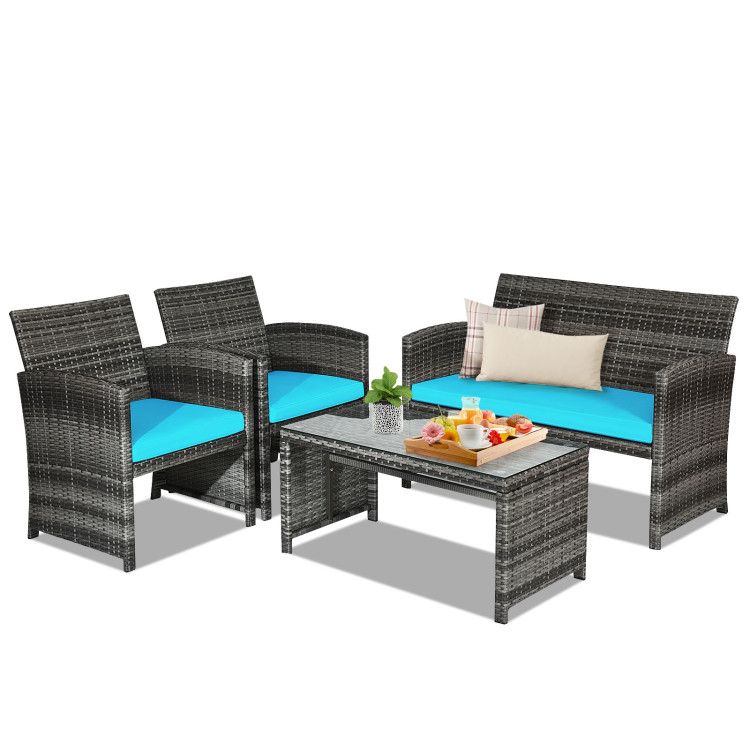 4 Pieces Patio Rattan Furniture Set with Glass Table and Loveseat New Era Fashion LLc
