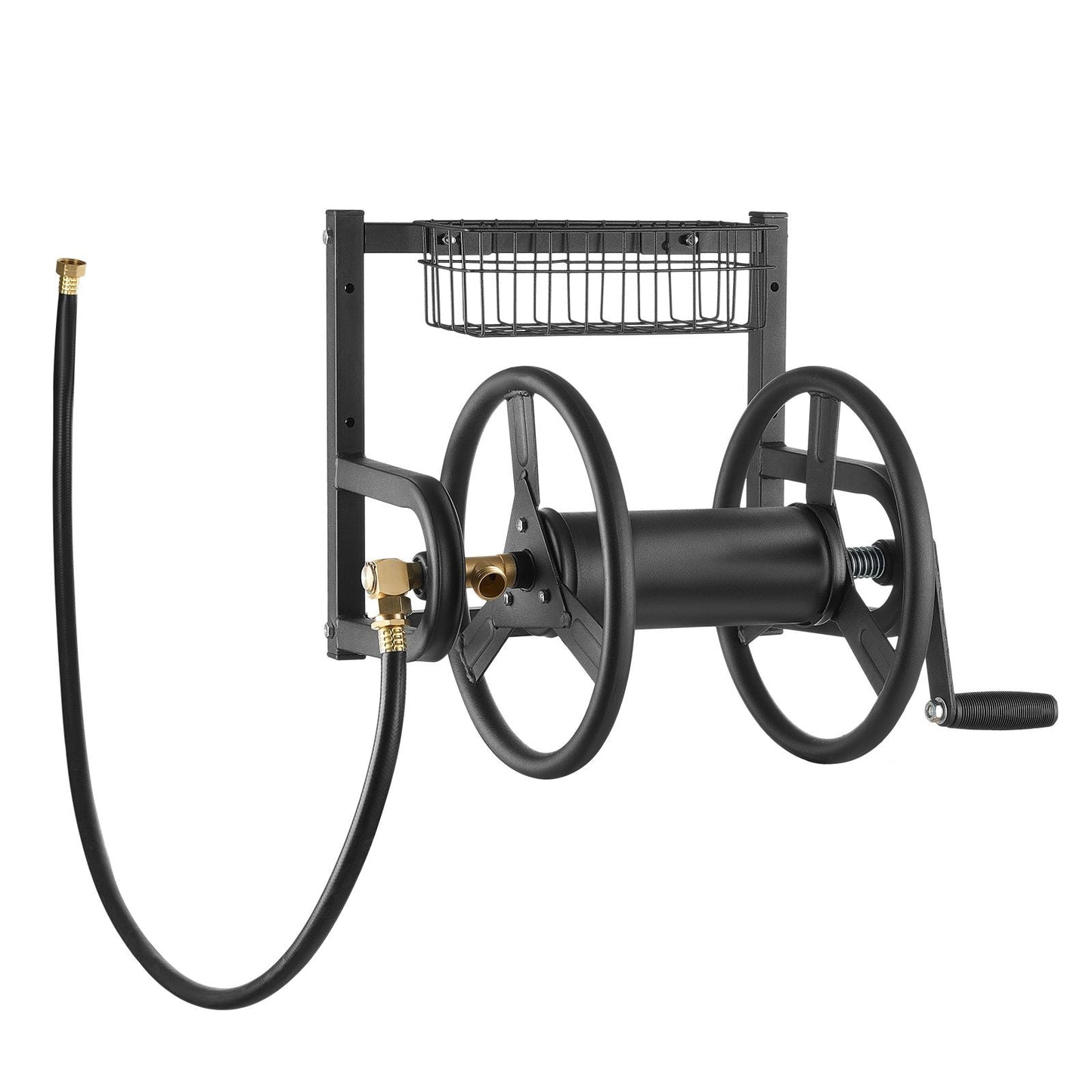 Wall Mounted Garden Hose Reel, Holds 125 ft 5/8-inch Hose, Heavy-Duty Water Hose Winder, Space-Saving Design, Outdoor Manual Reel with Brass Fitting and Storage Basket for Yard Lawn New Era Fashion LLc