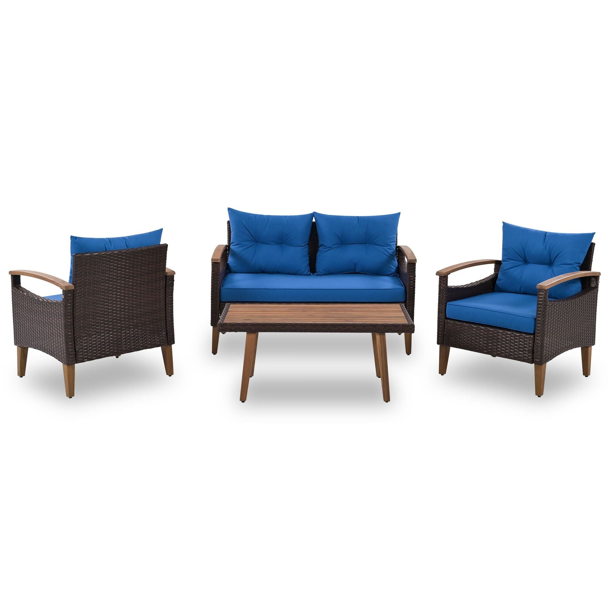 4-Piece Garden Furniture; Patio Seating Set; PE Rattan Outdoor Sofa Set; Wood Table and Legs; Brown and Beige New Era Fashion LLc