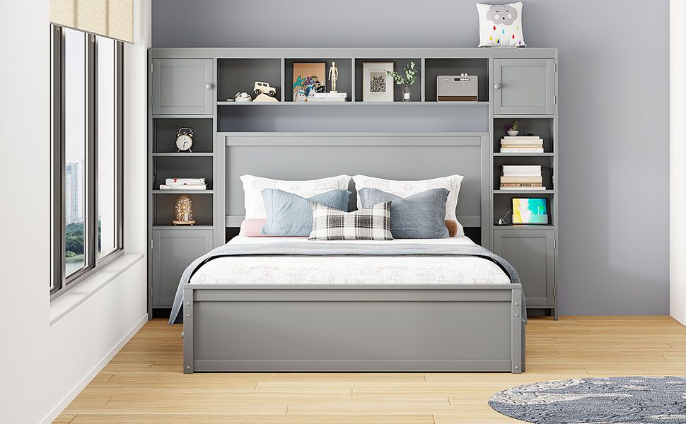 Queen Size Wooden Bed With All-in-One Cabinet, Shelf and Sockets,Twin XL Trundle, Gray New Era Fashion LLc