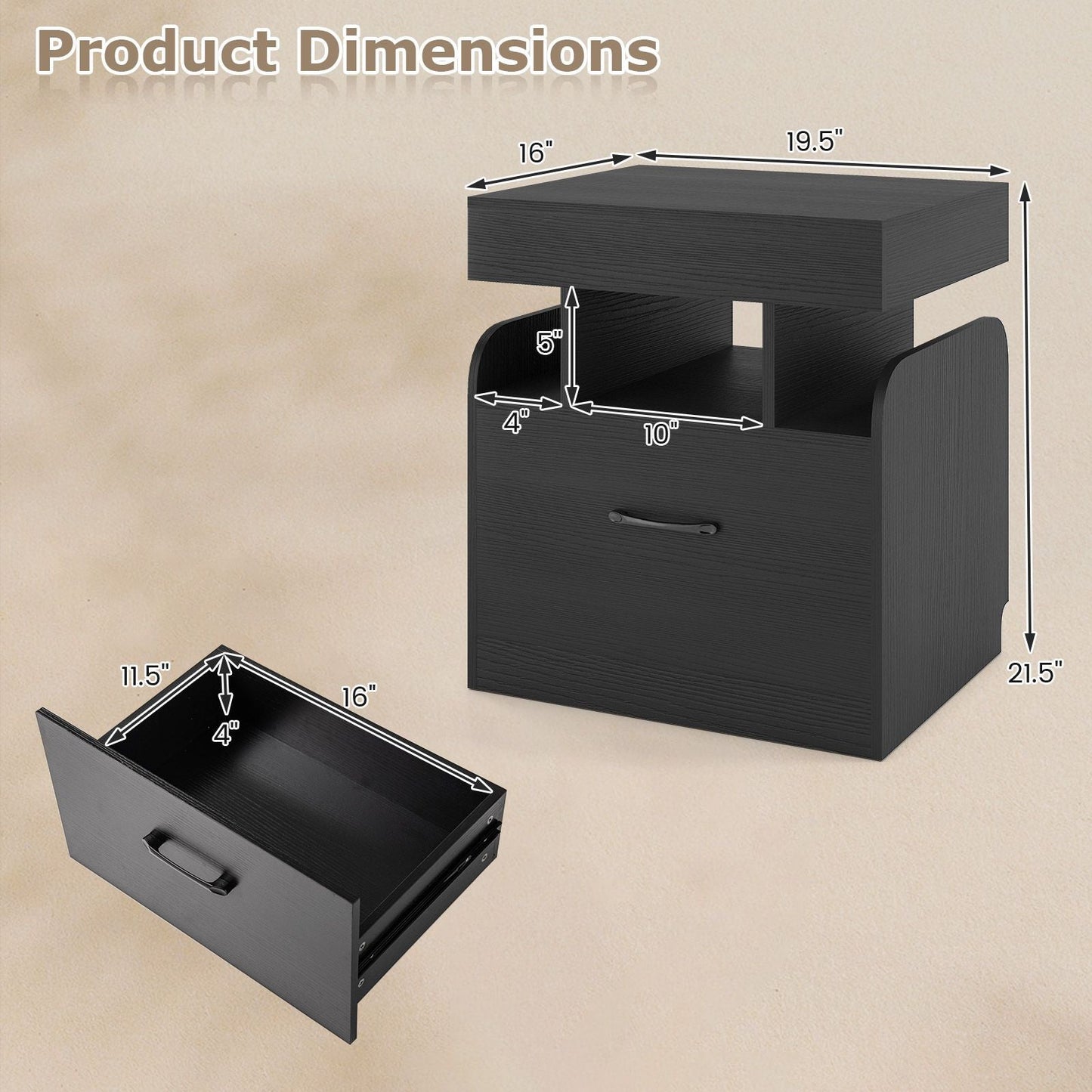 Nightstand with Charging Station Modern Bedside Table for Living Room Bedroom Office New Era Fashion LLc