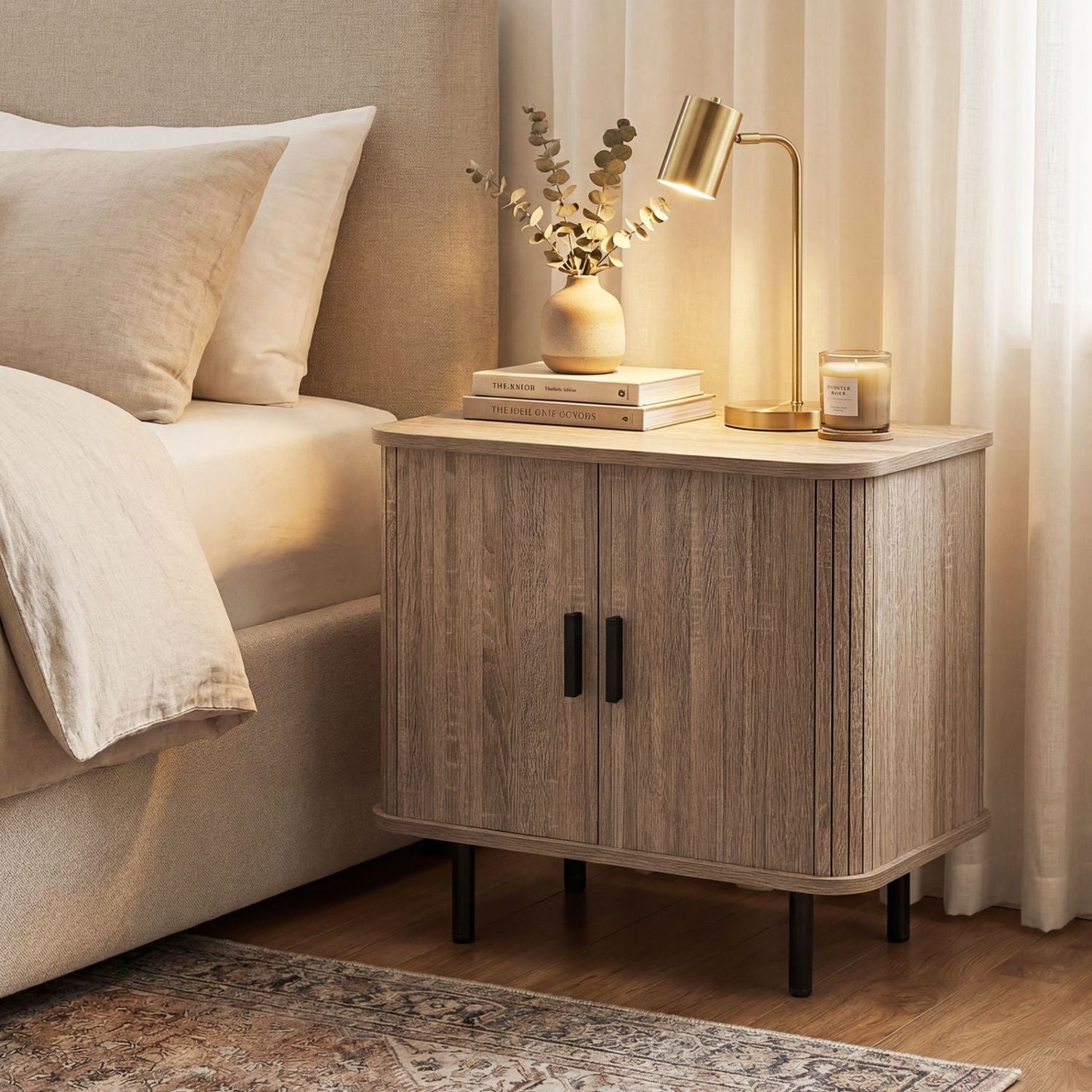 End Table Modern Mid Century Nightstand with Sliding Tambour Doors and Storage Shelf New Era Fashion LLc