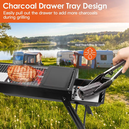 Folding Charcoal BBQ Grill Stainless Steel Grill with Shelf Net Easy Setup for Camping Picnic Outdoor Party Backyard New Era Fashion LLc