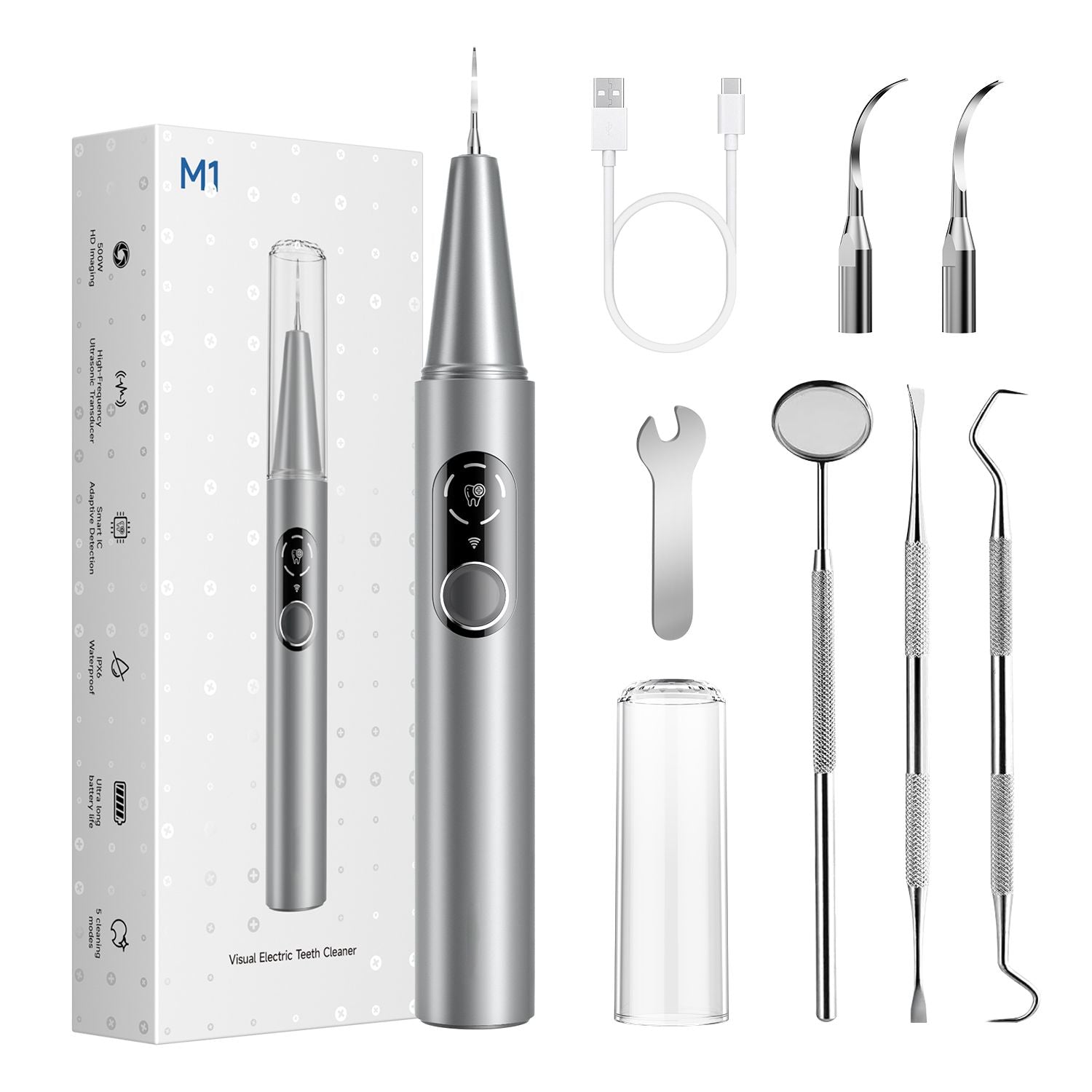 Home stone-removing device, visual ultrasonic dental cleaner for removing tartar and dental plaque, crescent-shaped dental cleaning tool New Era Fashion LLc
