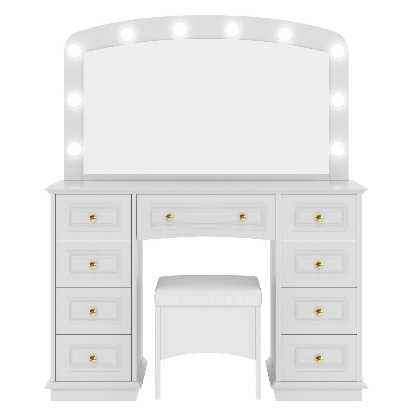 Luxurious Makeup Vanity with 10 Hollywood Bulbs, 3 Color Lighting Modes, Classic Dressing Table with Cushioned Stool and 9 Storage Drawers for Bedroom New Era Fashion LLc