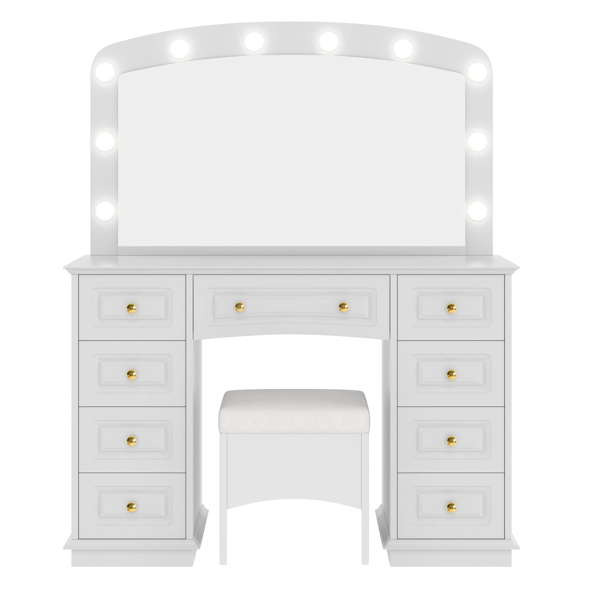 Luxurious Makeup Vanity with 10 Hollywood Bulbs, 3 Color Lighting Modes, Classic Dressing Table with Cushioned Stool and 9 Storage Drawers for Bedroom New Era Fashion LLc