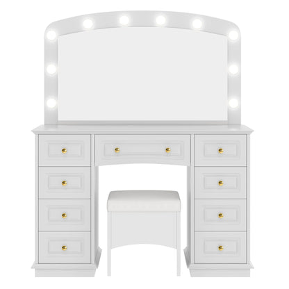 Luxurious Makeup Vanity with 10 Hollywood Bulbs, 3 Color Lighting Modes, Classic Dressing Table with Cushioned Stool and 9 Storage Drawers for Bedroom New Era Fashion LLc