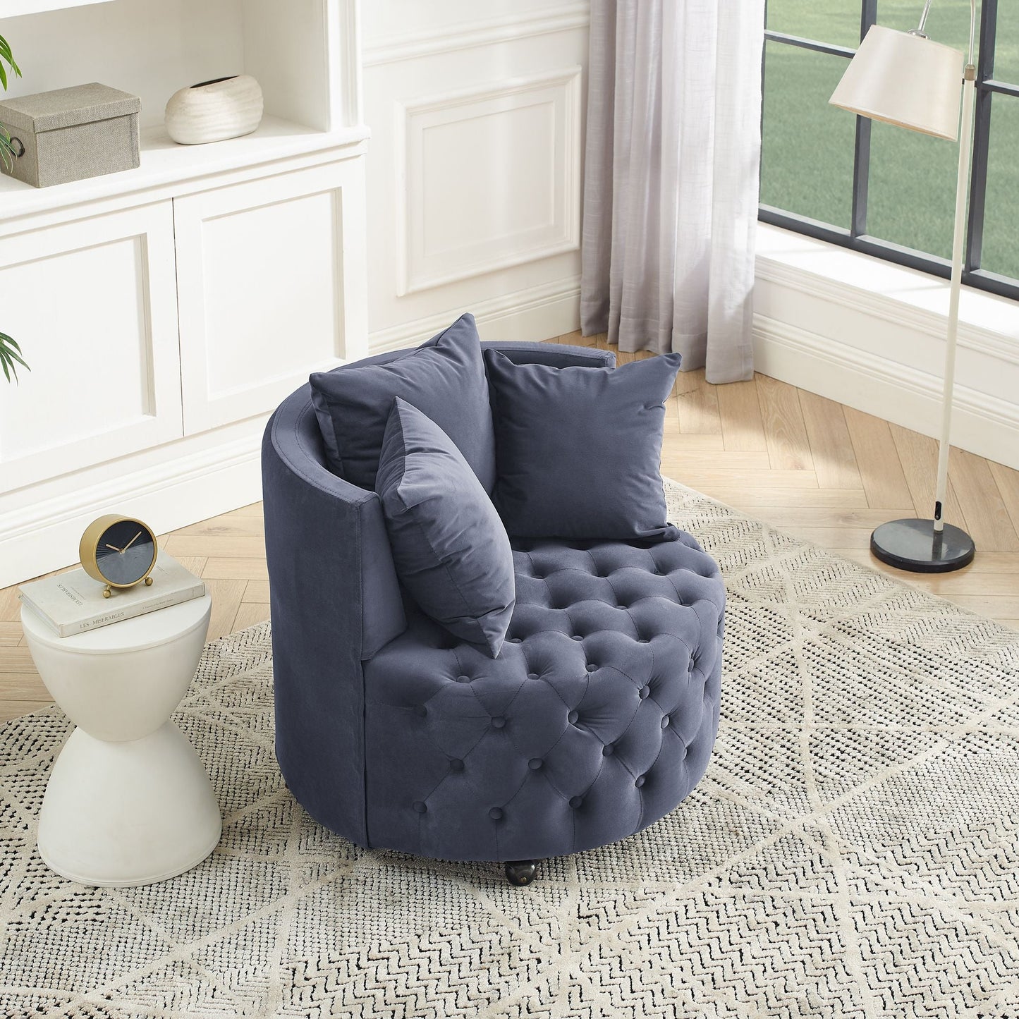 Velvet Upholstered Swivel Chair for Living Room, with Button Tufted Design and Movable Wheels, Including 3 Pillows New Era Fashion LLc