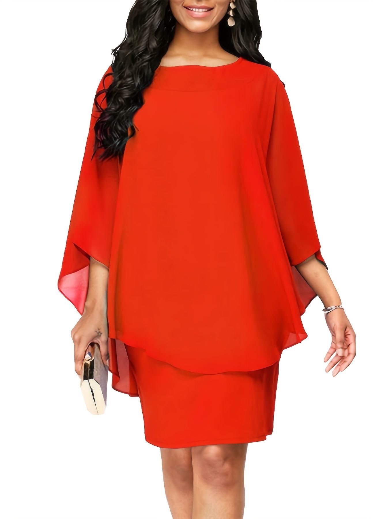 Plus Size Solid Round Neck 3/4 Sleeve Cape Midi Dress; Women's Plus Elegant Slight Stretch Cape Midi Dress New Era Fashion LLc
