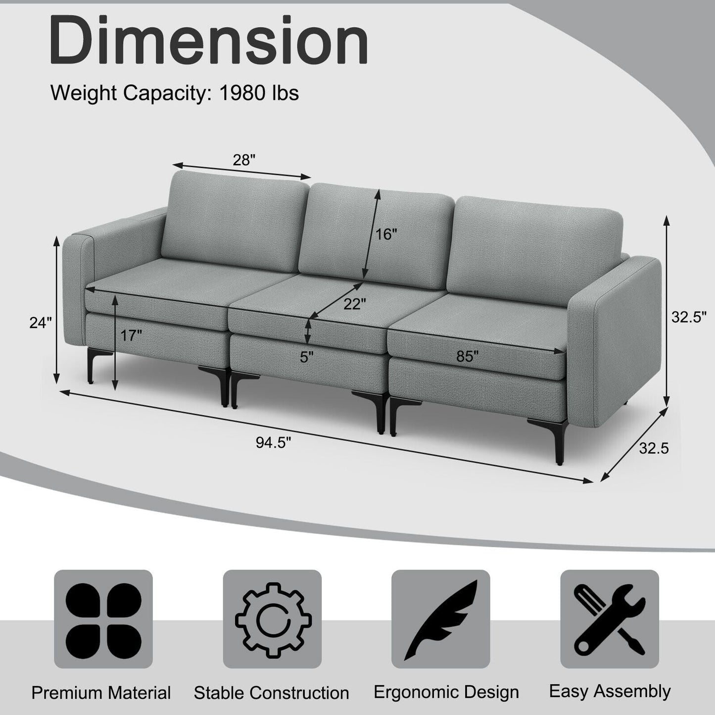 Convertible Sofa Couch with Magazine Pockets 3-Seat with 2 USB Port New Era Fashion LLc