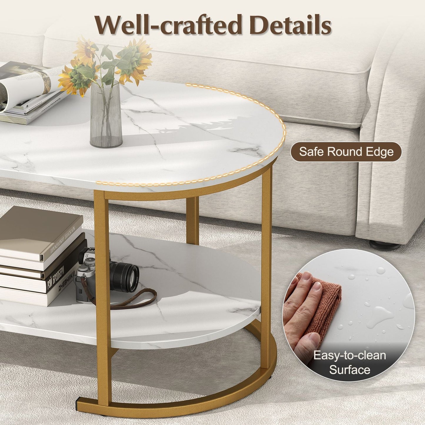 Marble Coffee Table with Open Storage Shelf New Era Fashion LLc