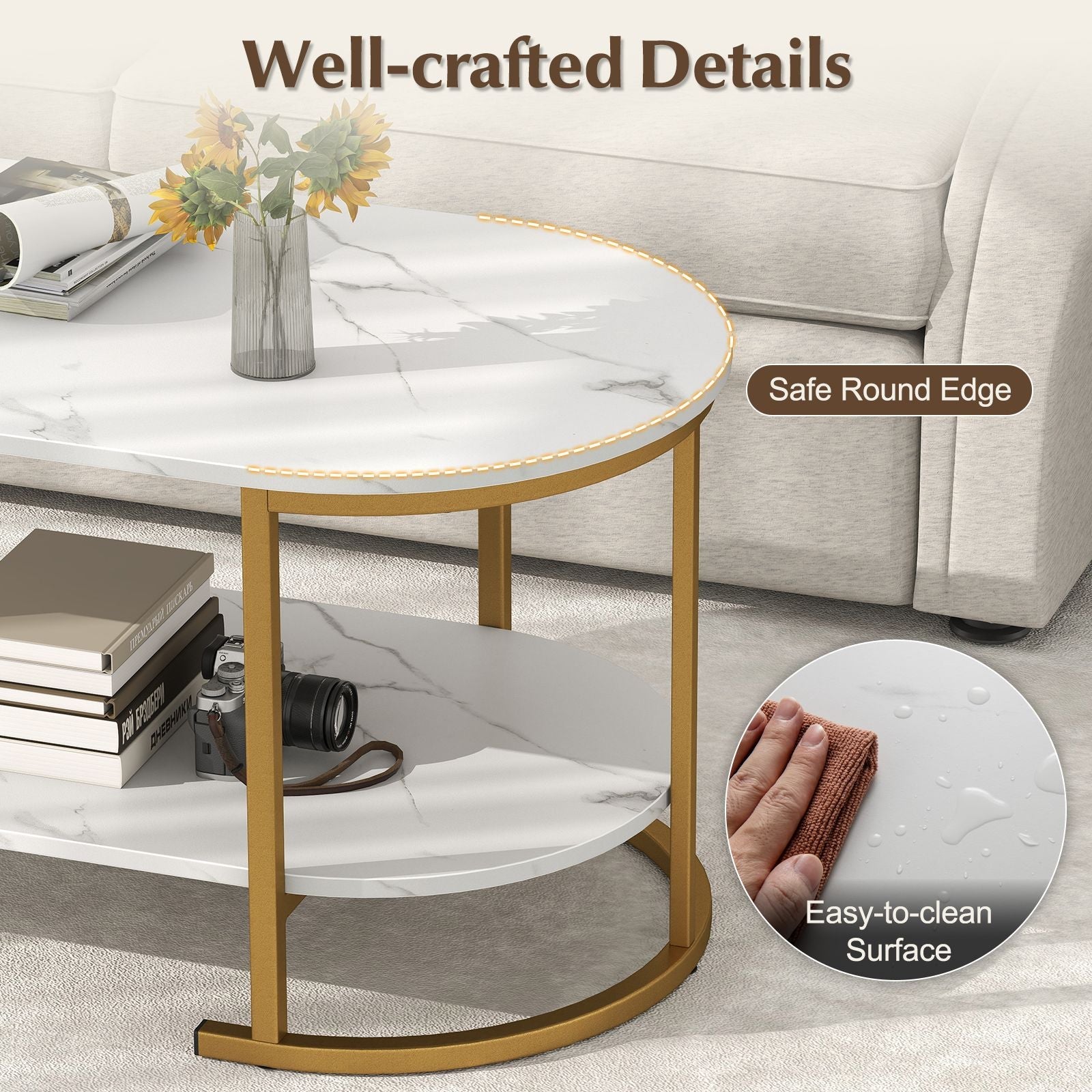 Marble Coffee Table with Open Storage Shelf New Era Fashion LLc