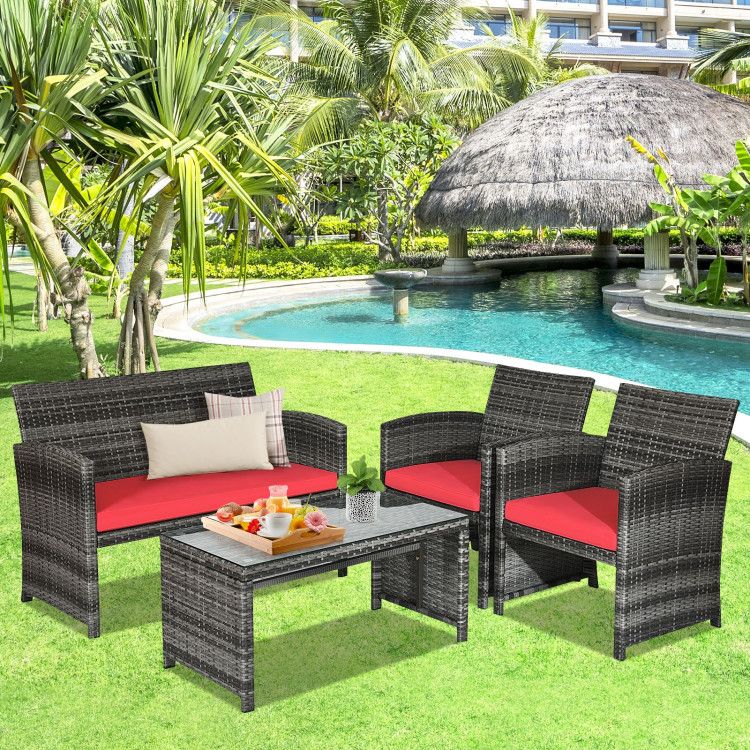4 Pieces Patio Rattan Furniture Set with Glass Table and Loveseat New Era Fashion LLc