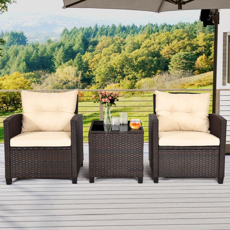 3 Pieces Patio Rattan Furniture Set with 4 Removable Cushions New Era Fashion LLc