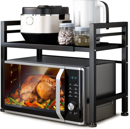 Expandable Microwave Stand Countertop Kitchen Utensils Tableware Storage, Carbon Steel Over Microwave Shelf Countertop with 3 Hooks New Era Fashion LLc