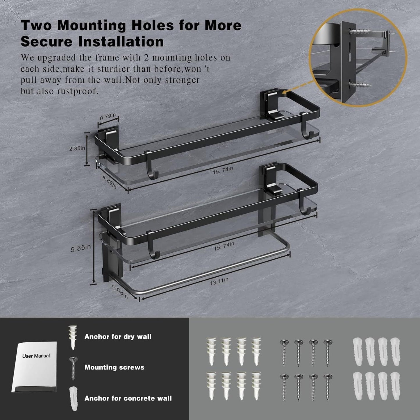 Glass Shelf for Bathroom 15.7 in Bathroom Shelves with Towel Bar Tempered Glass Shelves for Wall(2 Tier) New Era Fashion LLc