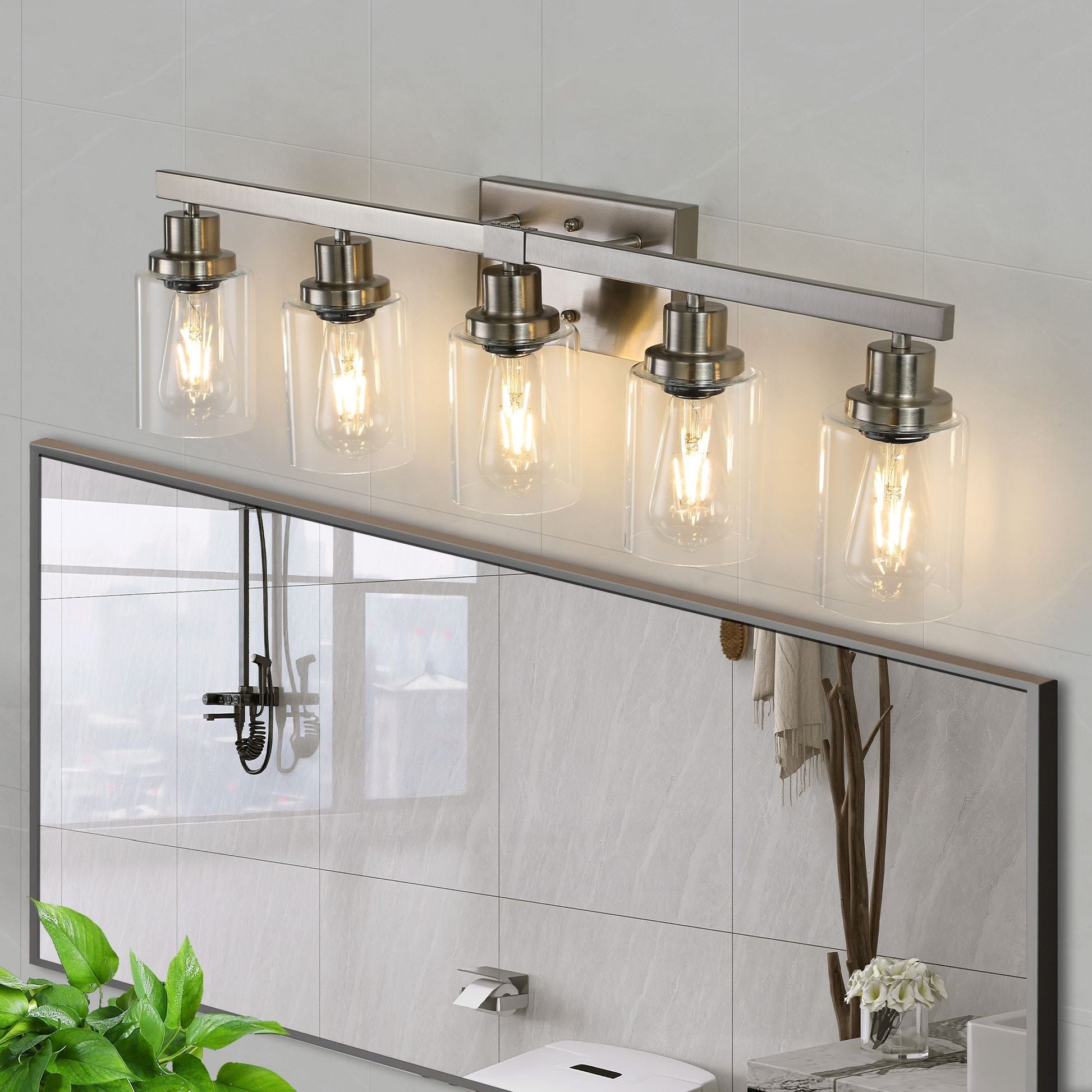 31" Modern 5-Light Bathroom Vanity Light Fixture - Brushed Nickel Finish with Clear Glass Shades, Perfect for Bathroom, Vanity, and Dressing Area Lighting (No Bulbs) New Era Fashion LLc