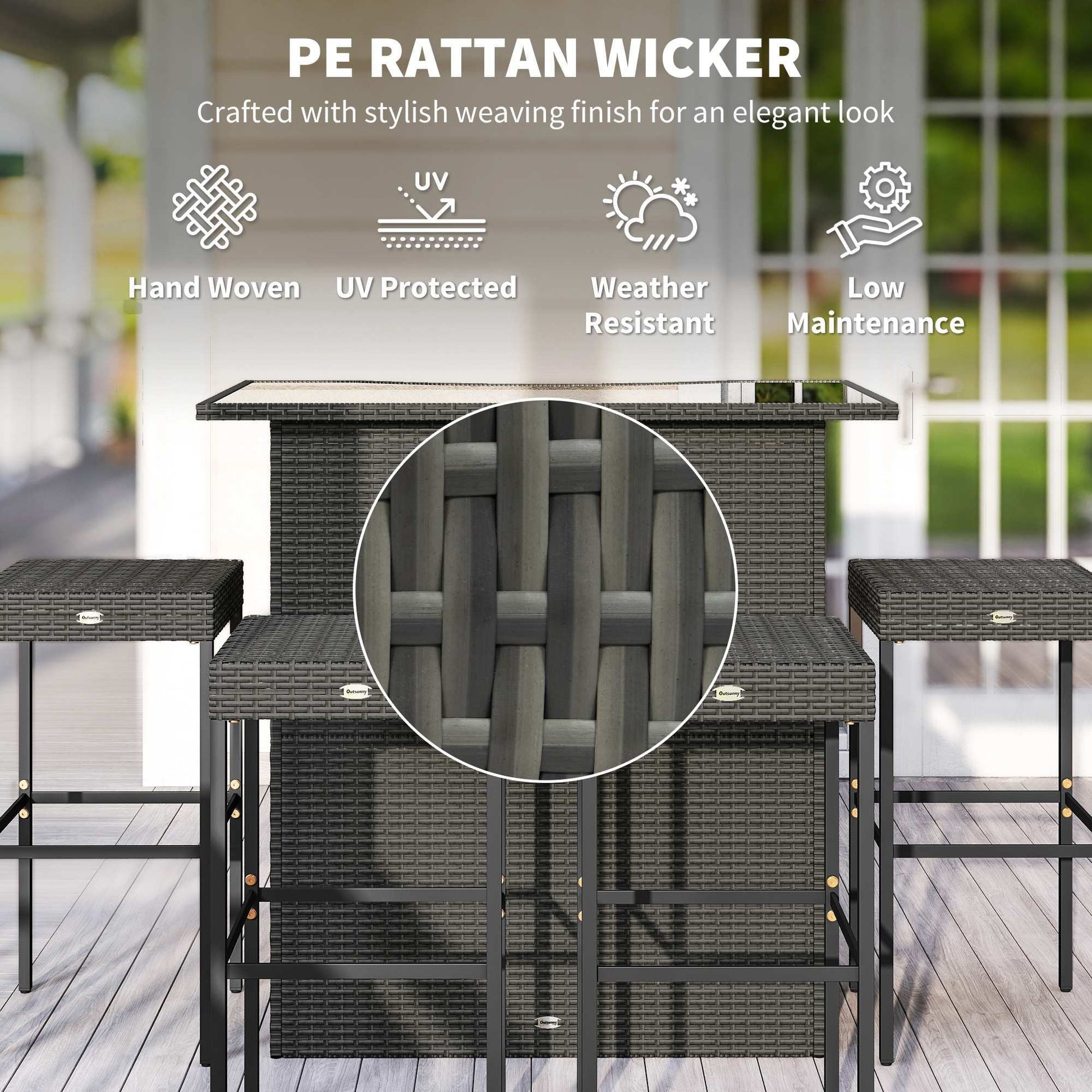 5 Piece Rattan Wicker Bar Set, High Top Outdoor Table and Chairs, Bar Height Patio Set, 2 Shelves & 4 Bar Stools, Gray New Era Fashion LLc