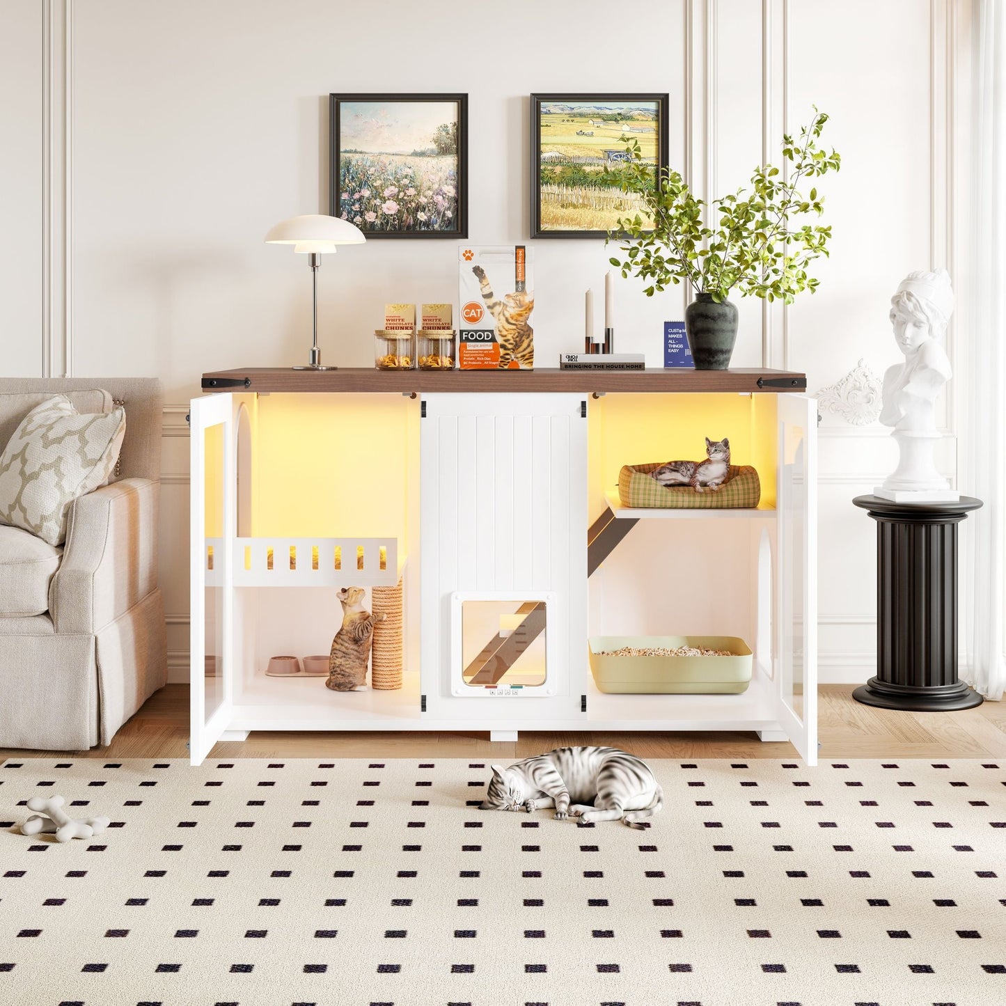 47.25" Large Cat Litter Box Enclosure with LED Light, Hidden Litter Box Furniture, Cat House with Stairs and Cat Scratching Post, Cat Cabinet Side Table with Smart Doors for Living Room New Era Fashion LLc