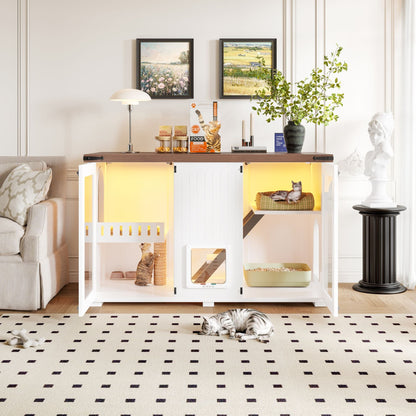47.25" Large Cat Litter Box Enclosure with LED Light, Hidden Litter Box Furniture, Cat House with Stairs and Cat Scratching Post, Cat Cabinet Side Table with Smart Doors for Living Room New Era Fashion LLc