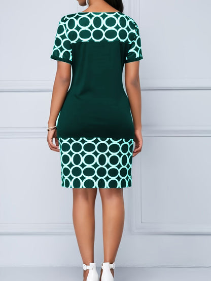 Printed Elegant Pencil Dress; Crew Neck Short Sleeve Casual Dress For Summer & Spring; Women's Clothing New Era Fashion LLc