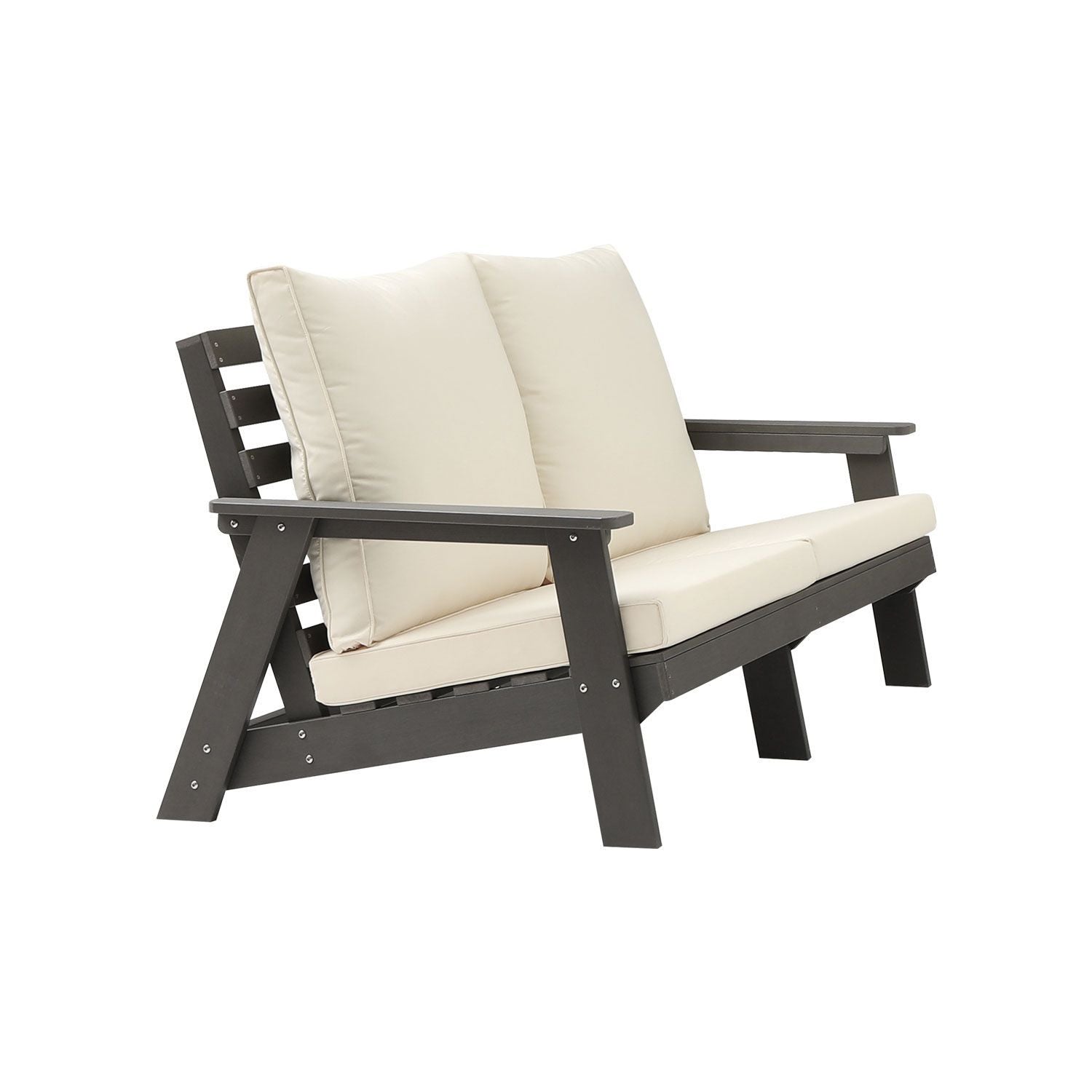 HIPS Loveseat with Cushion, Wood Grain Outdoor Garden Sofa, Sofa Set for Porch, Poolside, Terrace, and Yard Grey/Beige New Era Fashion LLc