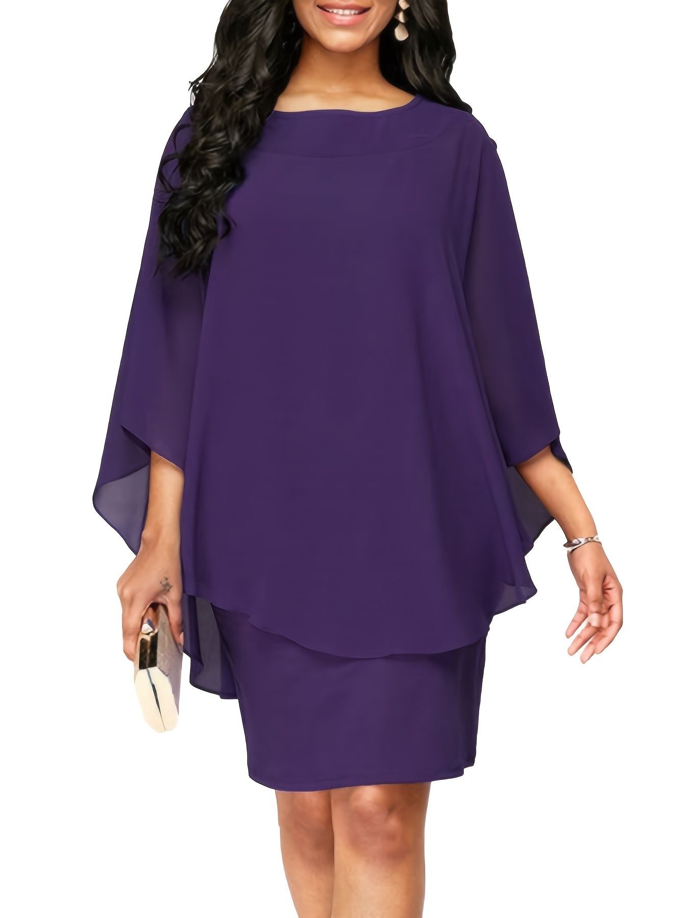 Plus Size Solid Round Neck 3/4 Sleeve Cape Midi Dress; Women's Plus Elegant Slight Stretch Cape Midi Dress New Era Fashion LLc