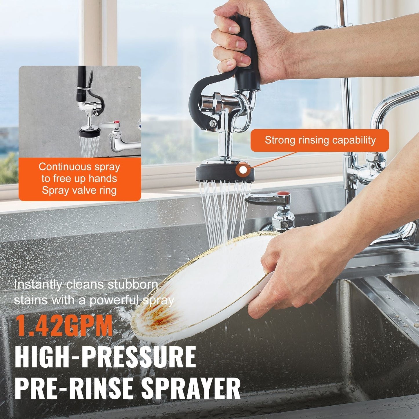 Wall-Mounted Kitchen Faucet, 47" Tall, 8" Apart, with 12" Rotating Spout and Pre-Rinse Spray, Brass Build, Pull-Down Feature for Multi-Compartment Sinks New Era Fashion LLc