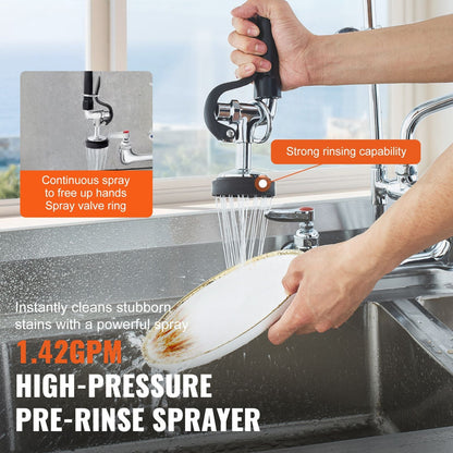 Wall-Mounted Kitchen Faucet, 47" Tall, 8" Apart, with 12" Rotating Spout and Pre-Rinse Spray, Brass Build, Pull-Down Feature for Multi-Compartment Sinks New Era Fashion LLc