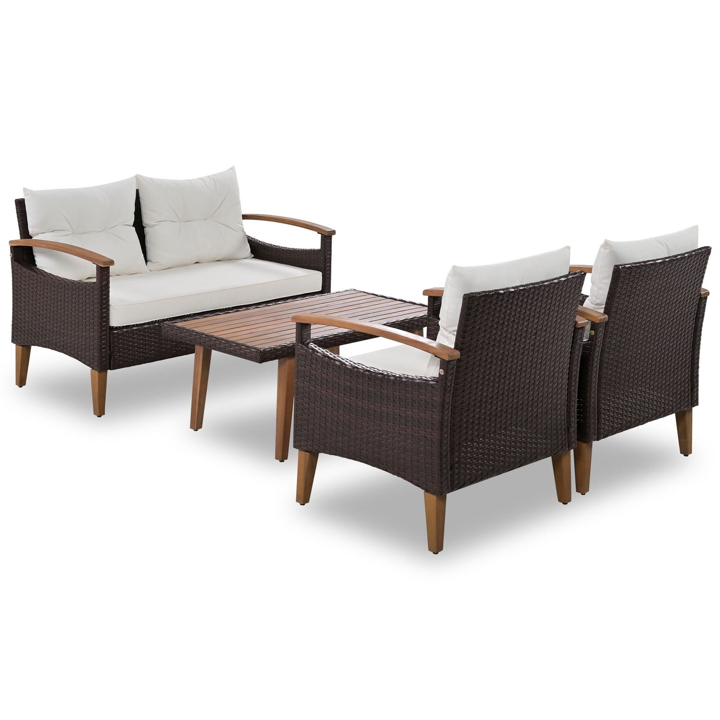 4-Piece Garden Furniture; Patio Seating Set; PE Rattan Outdoor Sofa Set; Wood Table and Legs; Brown and Beige New Era Fashion LLc