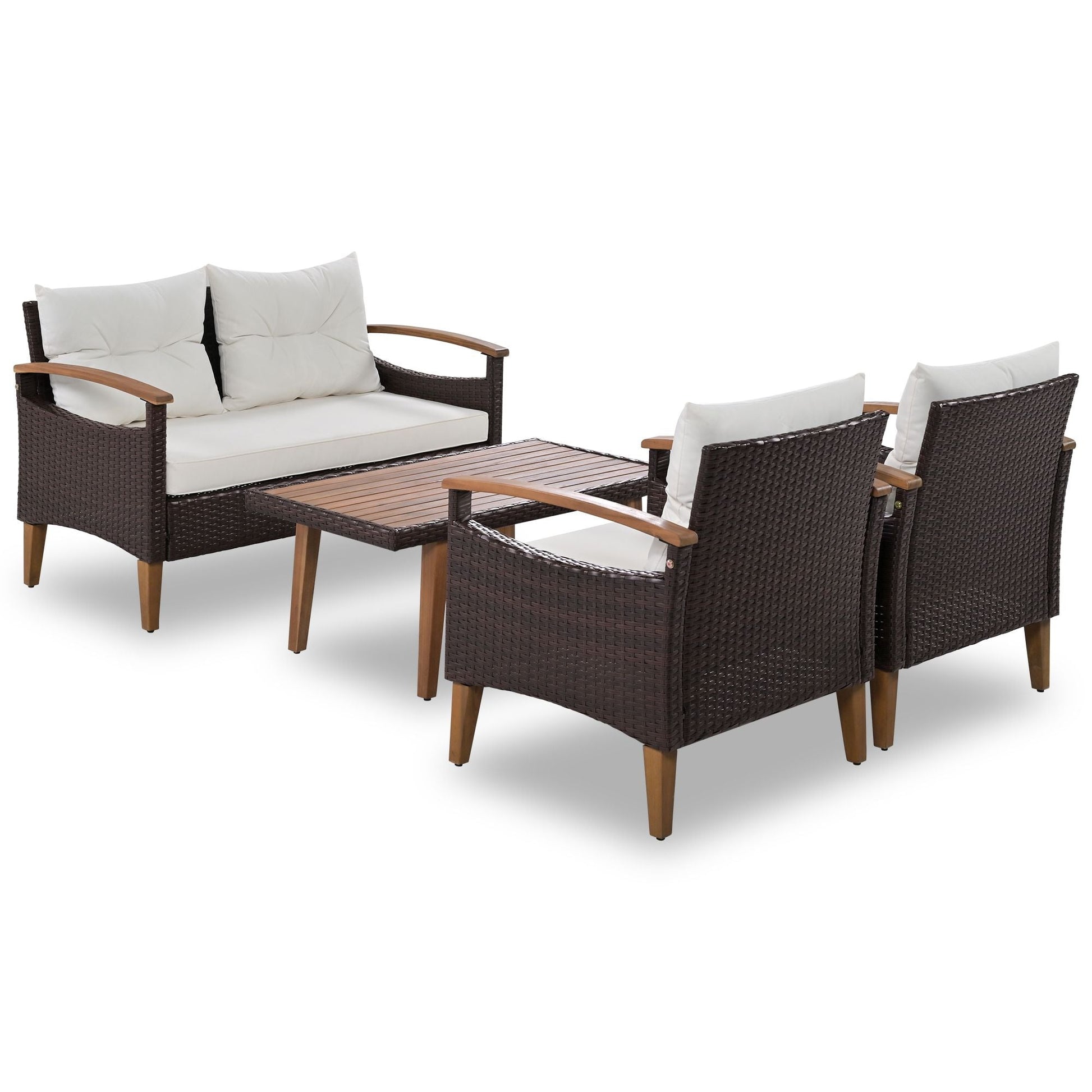4-Piece Garden Furniture; Patio Seating Set; PE Rattan Outdoor Sofa Set; Wood Table and Legs; Brown and Beige New Era Fashion LLc