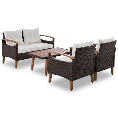 4-Piece Garden Furniture; Patio Seating Set; PE Rattan Outdoor Sofa Set; Wood Table and Legs; Brown and Beige New Era Fashion LLc