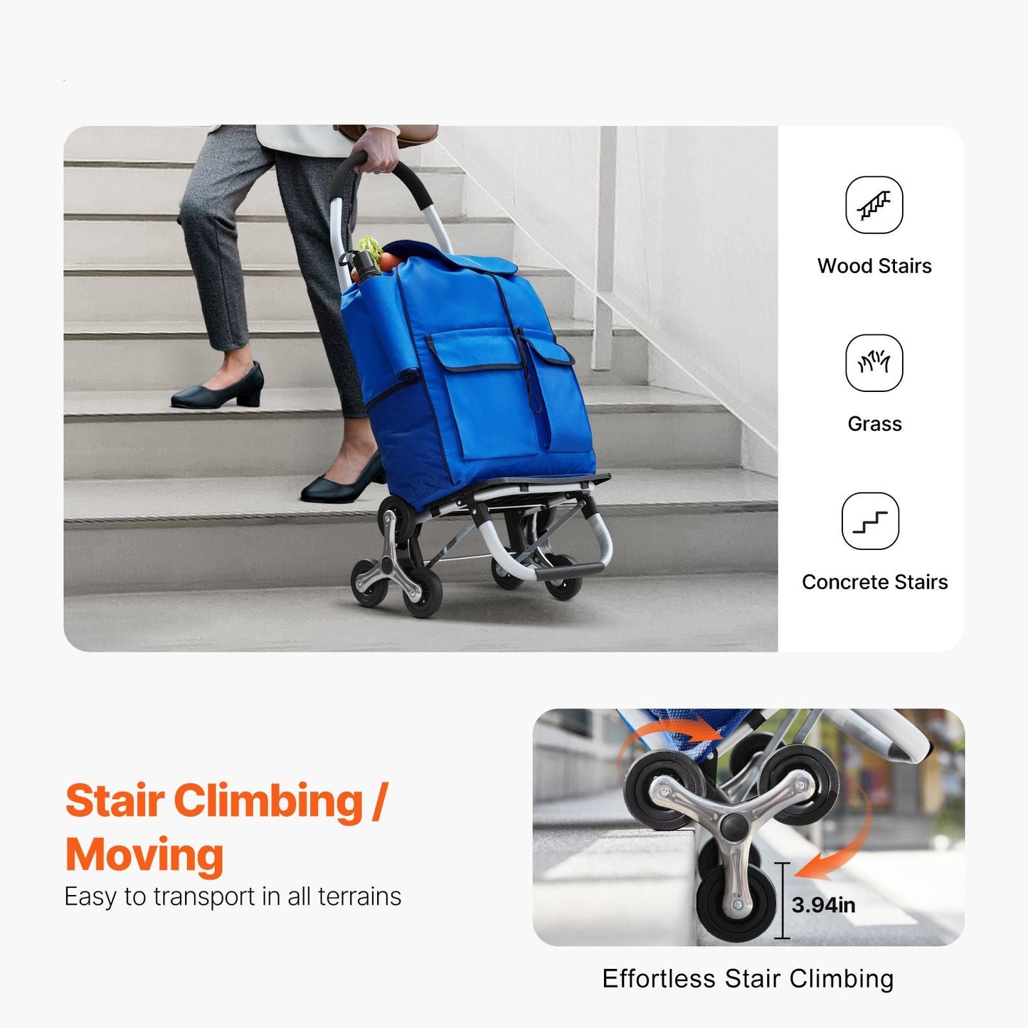 Stair Climber Trolley Dolly, 36L Folding Shopping Cart, Grocery Cart Trolley Laundry Stair Climbing Handcart with 6 Wheels & Oxford Cloth Bag, Foldable Cart for Shopping Grocery Laundry Climbing New Era Fashion LLc