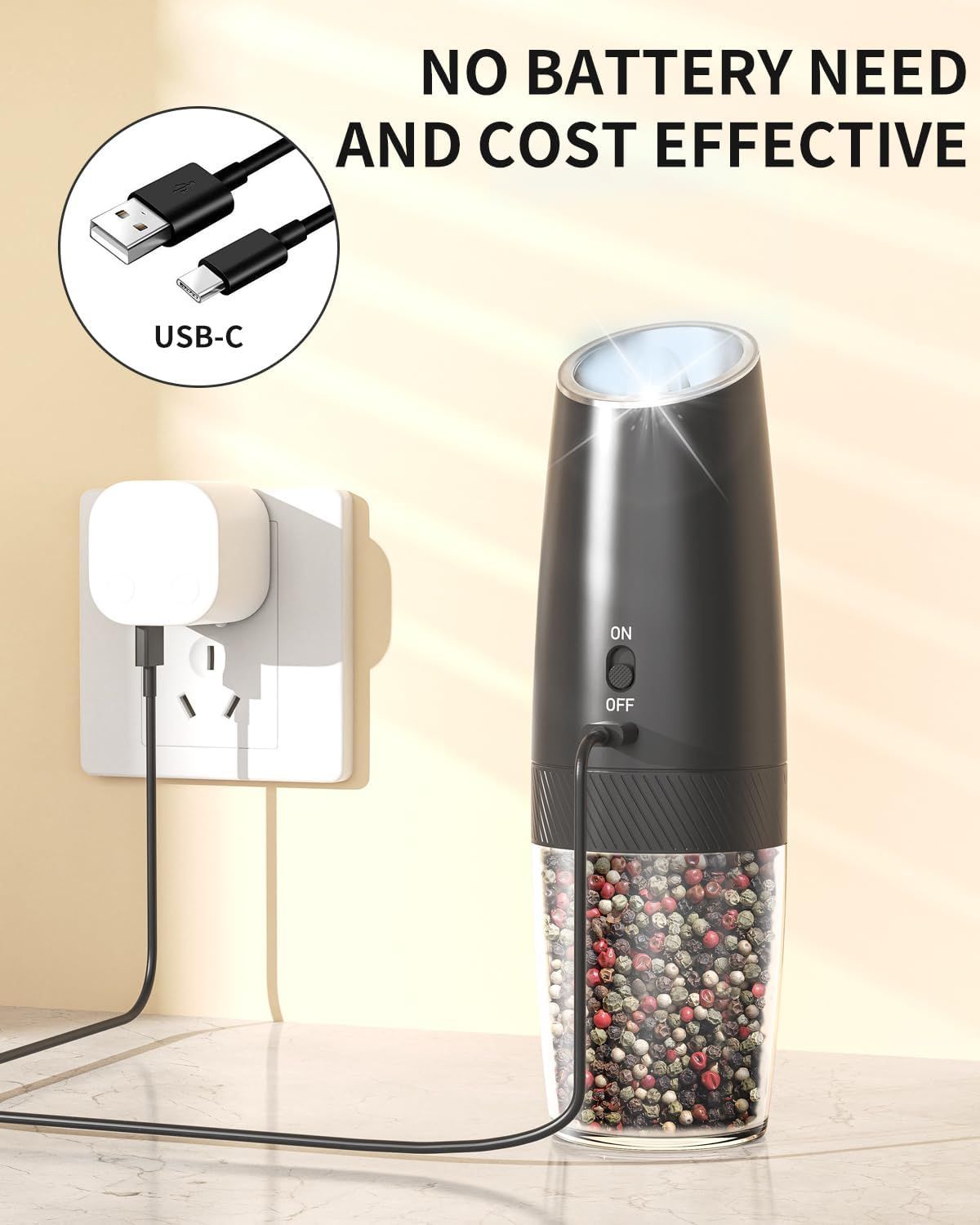 Rechargeable Electric Salt and Pepper Grinder Set Gravity Salt and Pepper Mills Set with LED Light, No Battery Needed, Adjustable Coarseness, Washable 135ml Container, Black New Era Fashion LLc