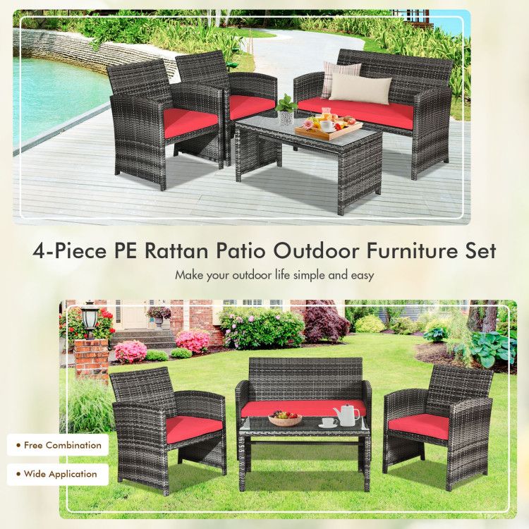4 Pieces Patio Rattan Furniture Set with Glass Table and Loveseat New Era Fashion LLc