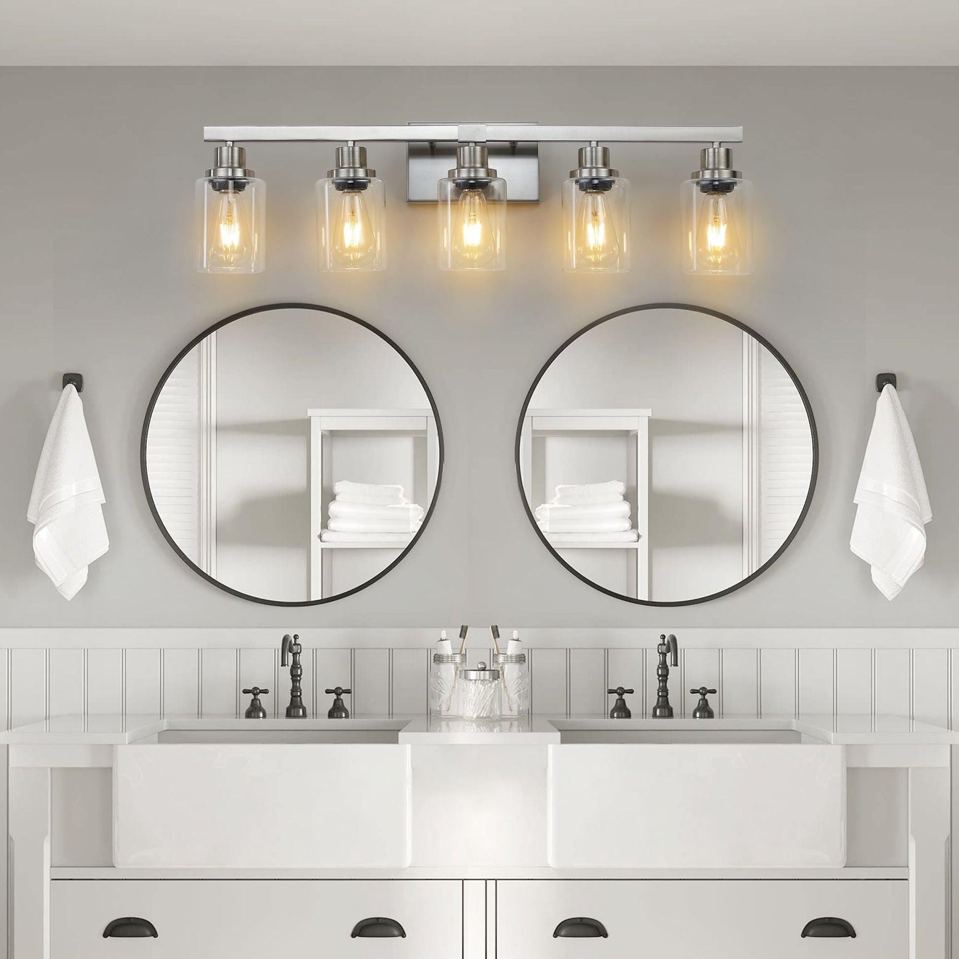 31" Modern 5-Light Bathroom Vanity Light Fixture - Brushed Nickel Finish with Clear Glass Shades, Perfect for Bathroom, Vanity, and Dressing Area Lighting (No Bulbs) New Era Fashion LLc