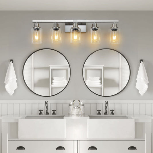 31" Modern 5-Light Bathroom Vanity Light Fixture - Brushed Nickel Finish with Clear Glass Shades, Perfect for Bathroom, Vanity, and Dressing Area Lighting (No Bulbs) New Era Fashion LLc