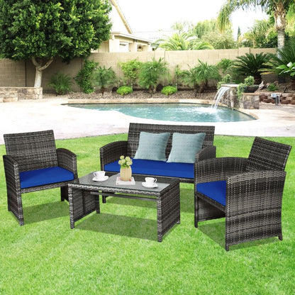 4 Pieces Patio Rattan Furniture Set with Glass Table and Loveseat New Era Fashion LLc