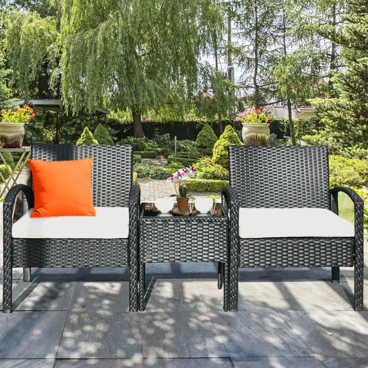 3 Pieces Outdoor Rattan Patio Conversation Set with Seat Cushions New Era Fashion LLc