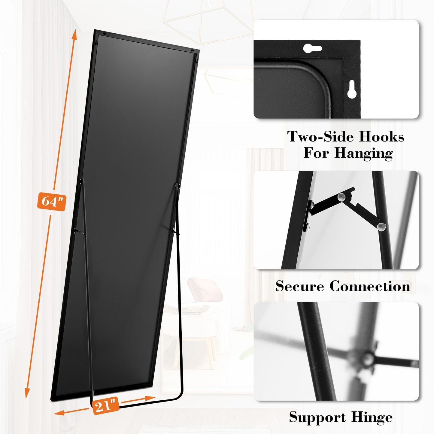 Floor Standing Mirror, Wall Mirror with Stand Aluminum Alloy Thin Frame,21''*64'',Black-rect New Era Fashion LLc