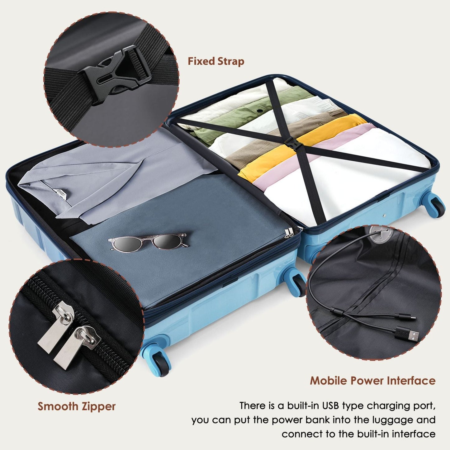 Luggage Set of 3, 20-inch with USB Port, Airline Certified Carry-on Luggage , ABS+PC Hard Shell Luggage with Spinner Wheels, Gradient Blue New Era Fashion LLc